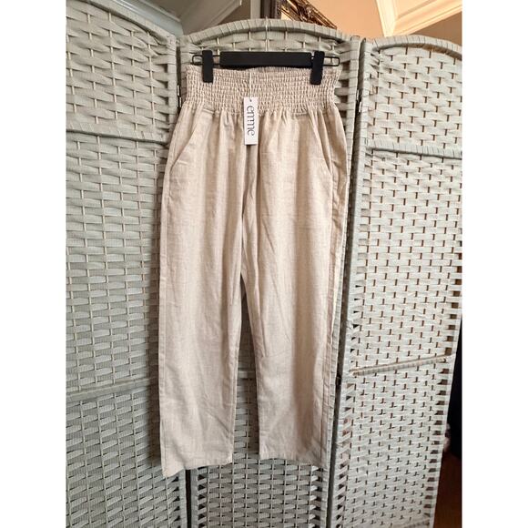 Emme Pants - Emme Smocked Waistband Linen Pants Medium Beige NWT Cropped Length Pull On